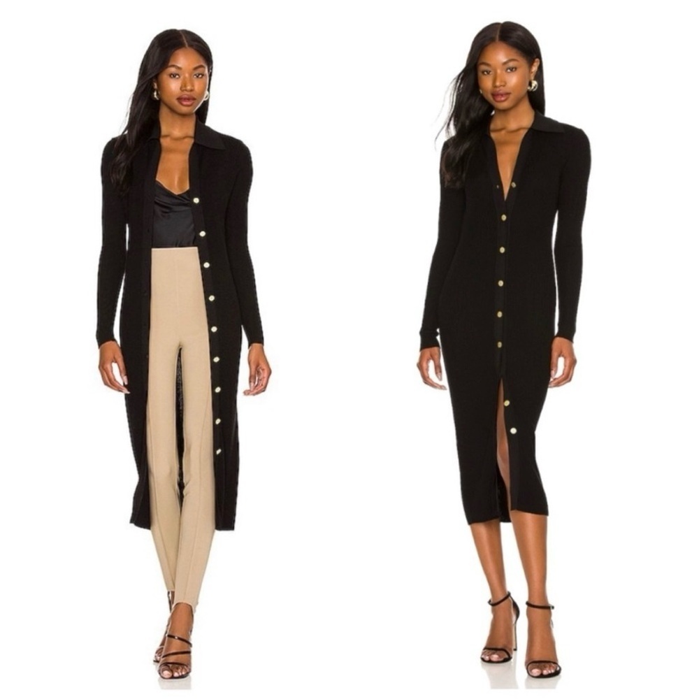 ALICE + OLIVIA Alcina Long Sleeve Button-Up Rib Knit Midi Dress in Black